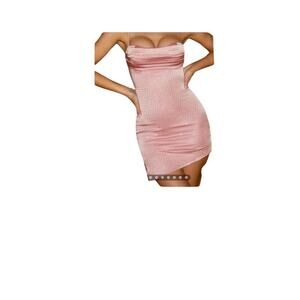 Oh Polly Sparkly Pink Satin Mini Dress – Rhinestone Cowl Neck Party Dress, SZ 10